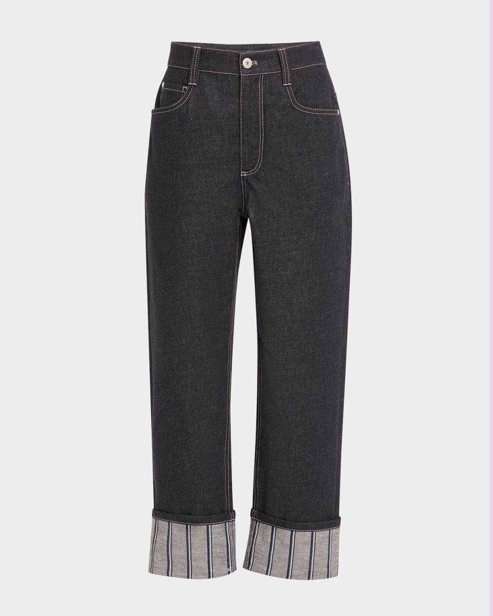 Striped Cuff Straight-Leg Ankle Jeans